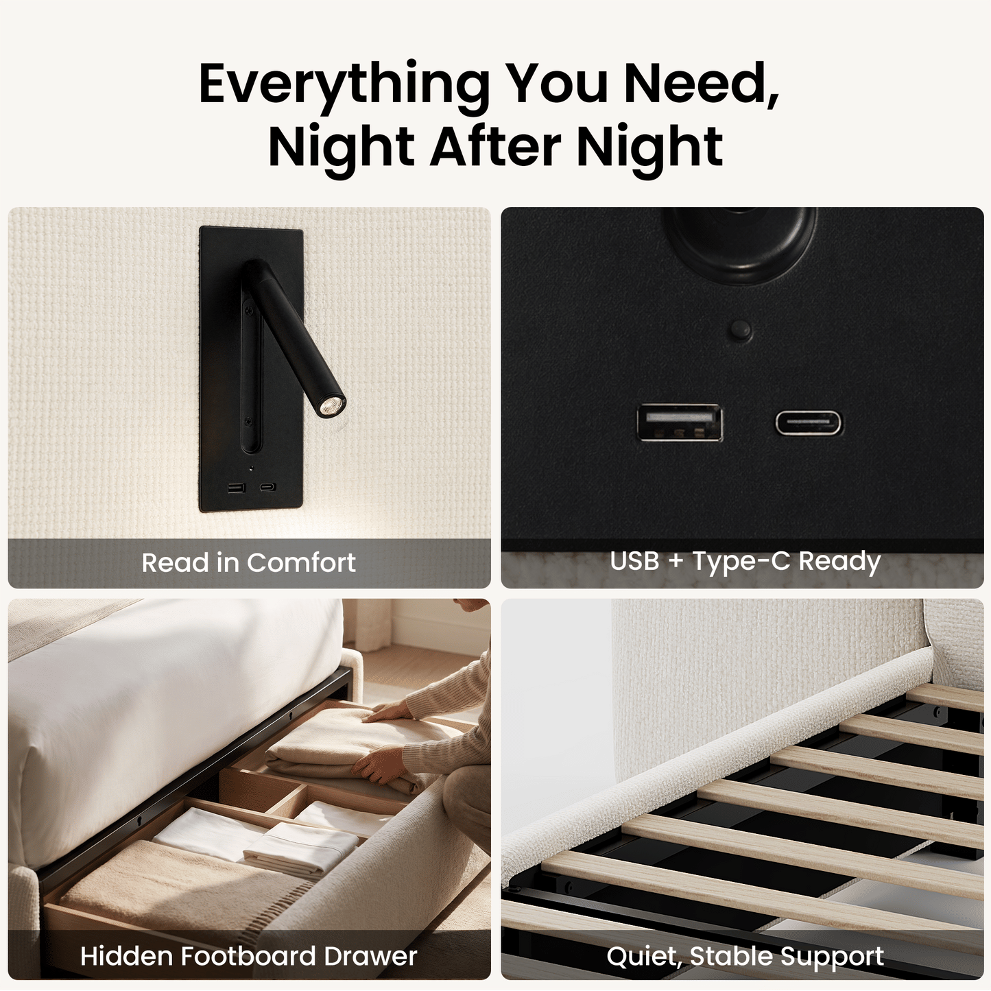 Linemix Wide Upholstered Queen Storage Bed with LED Lights & USB Ports