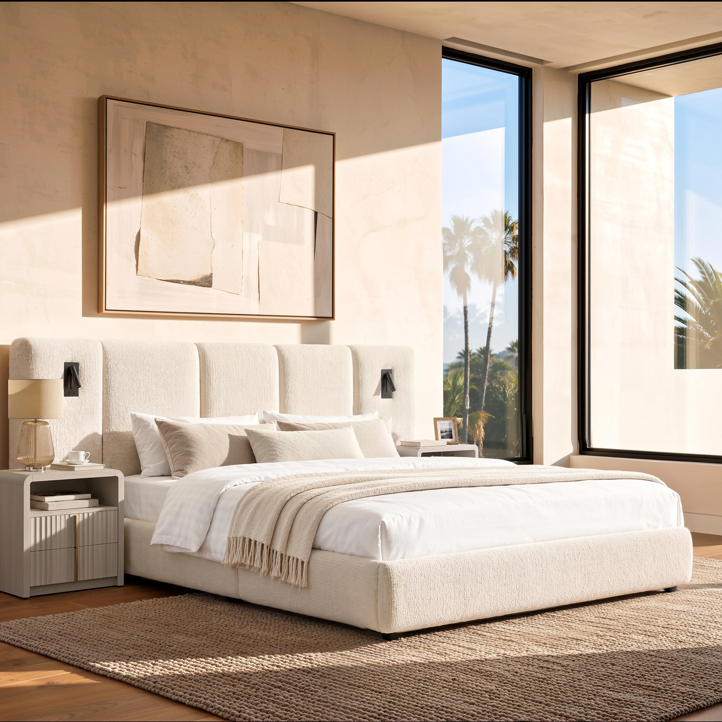 Cream bed with a tall paneled headboard shown with two matching nightstands