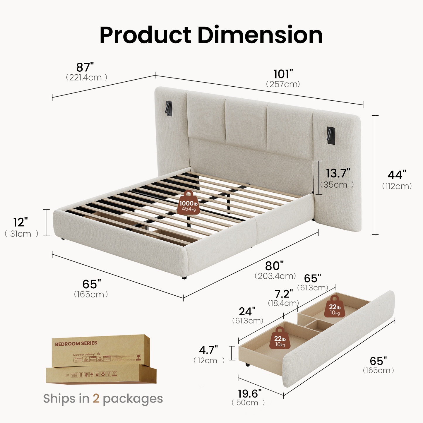 The diagram shows a bed frame with a headboard, side rails, slatted support, and two separate storage drawers