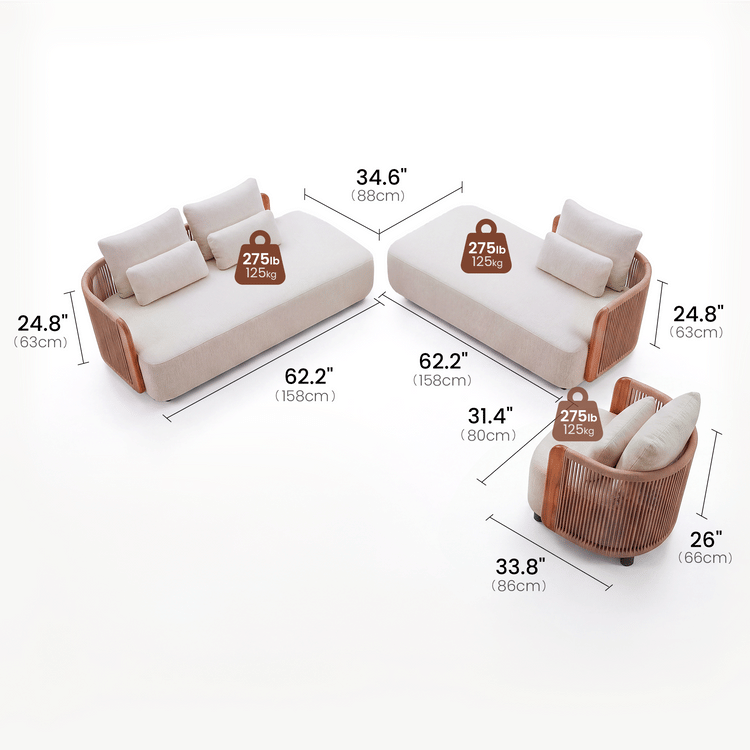 Mesa 124" Outdoor Wood and Woven Rope 3 Seater Modular Sectional Sofa