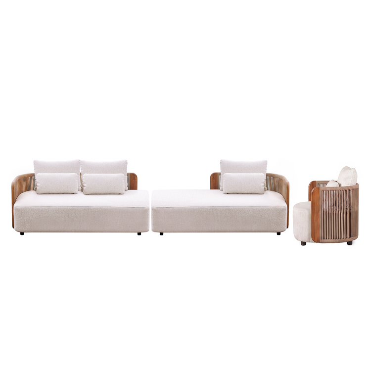 Mesa 124" Outdoor Wood and Woven Rope 3 Seater Modular Sectional Sofa