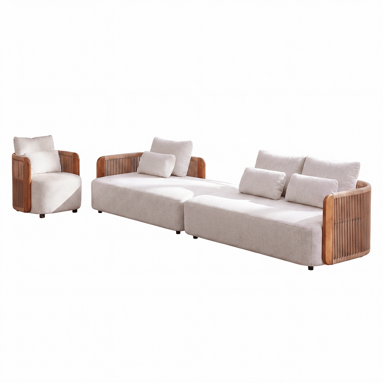 Mesa 124" Outdoor Wood and Woven Rope 3 Seater Modular Sectional Sofa
