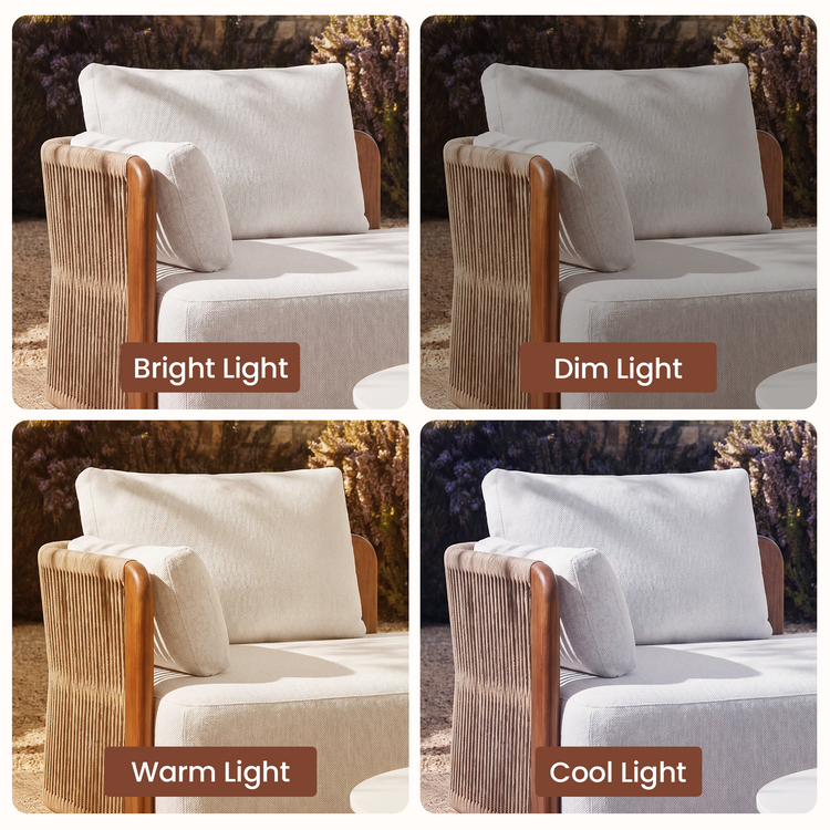 Close-up shows a rounded wood-tone arm frame with vertical rope detailing and light cushions