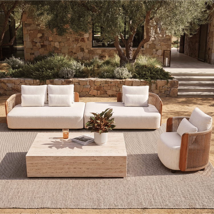 Mesa 124" Outdoor Wood and Woven Rope 3 Seater Modular Sectional Sofa