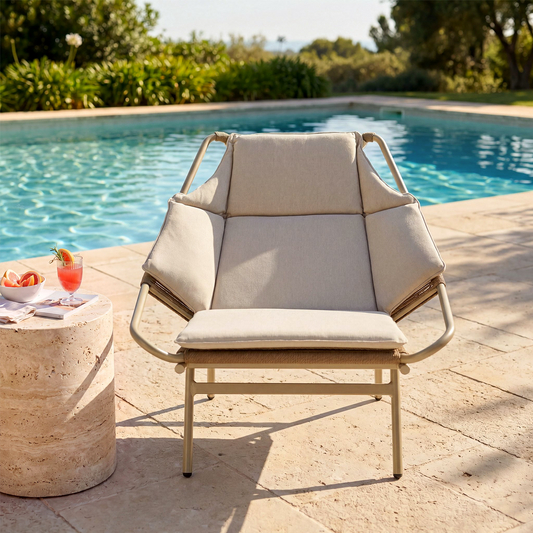 46.5" Outdoor Modern Handwoven Rope Lounge Chair with Beige Cushions