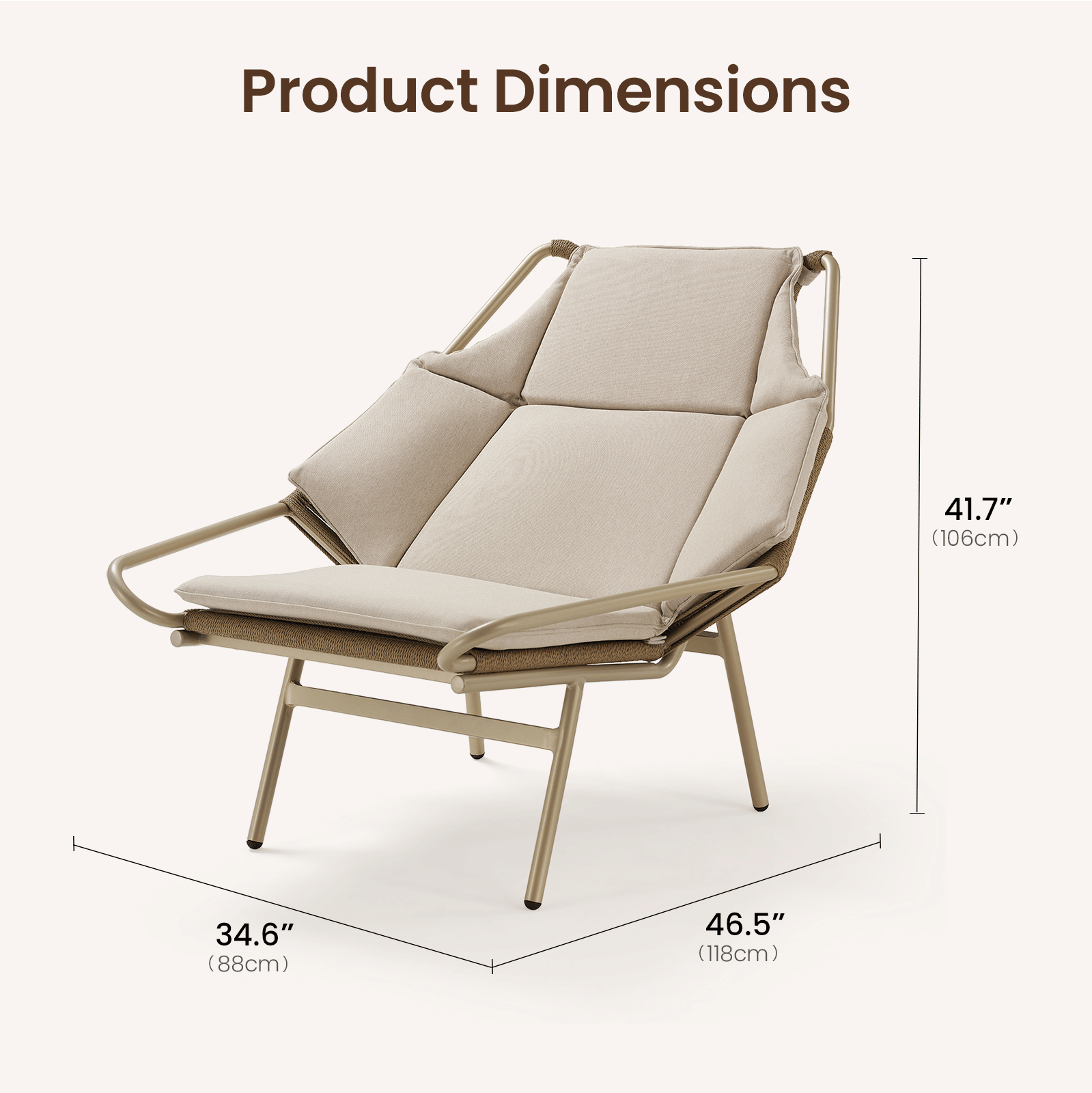 46.5" Outdoor Modern Handwoven Rope Lounge Chair with Beige Cushions - Dimensions