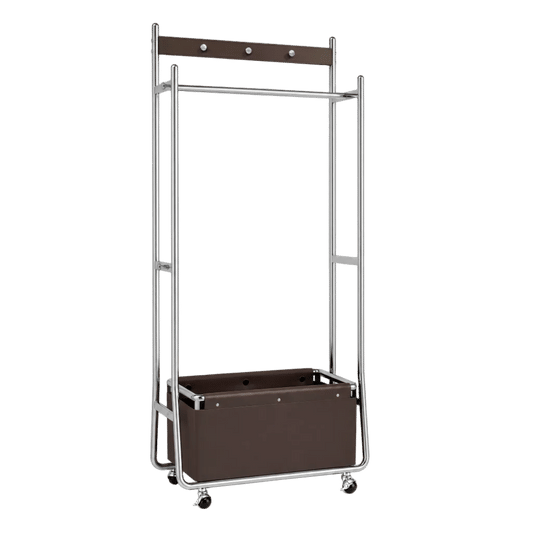A tall rolling garment rack with a chrome metal frame, dark brown wooden top bar, and a matching brown storage bin on wheels, shown against a plain white background.