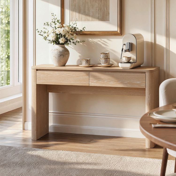 59" Console Table with 2 Drawers, Narrow Entryway Table with Rounded Corners for Living Room