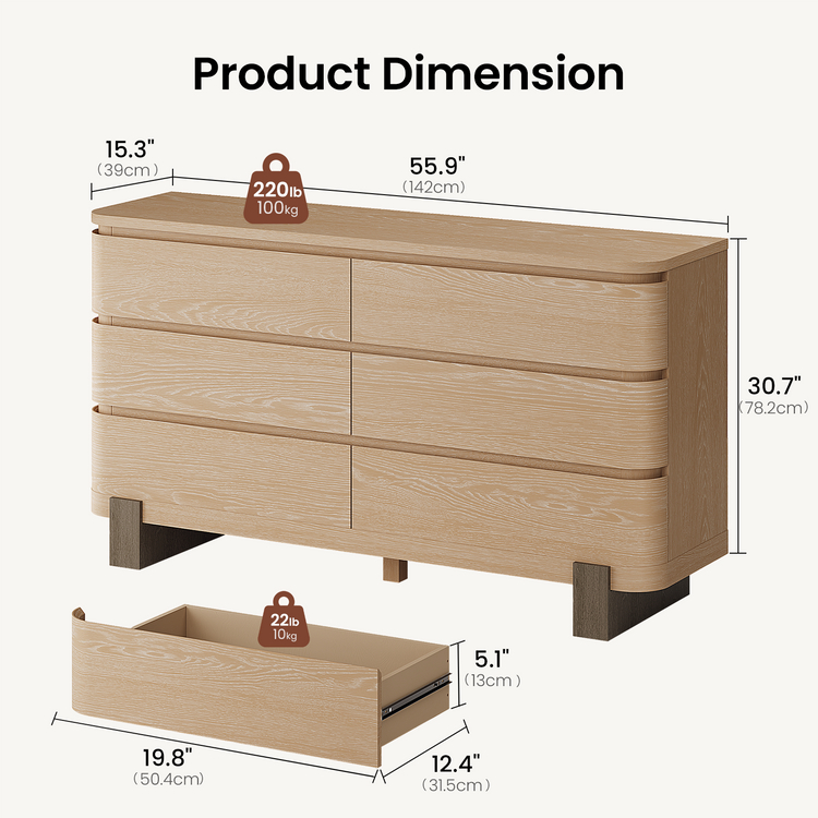 [Pre-Sale] 55.9 Inch 6 Drawer Dresser for Bedroom Chest of Drawers with Handleless Smooth Glide Drawers Natural Oak