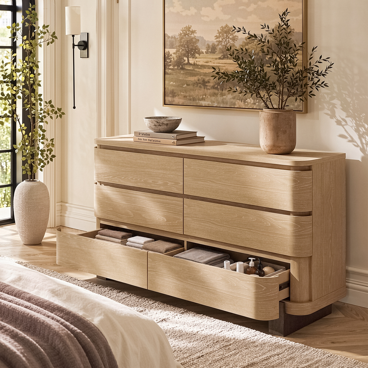 [Pre-Sale] 55.9 Inch 6 Drawer Dresser for Bedroom Chest of Drawers with Handleless Smooth Glide Drawers Natural Oak