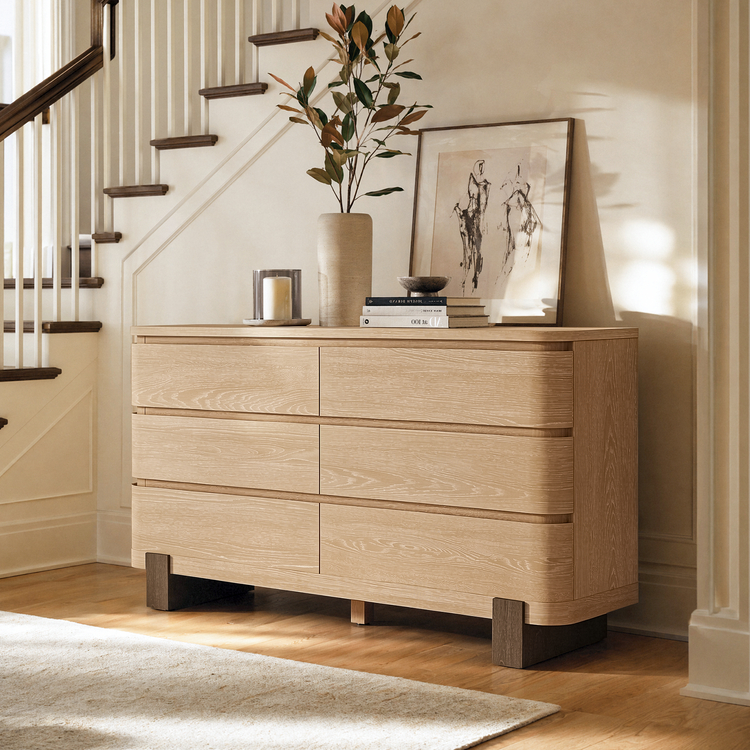 [Pre-Sale] 55.9 Inch 6 Drawer Dresser for Bedroom Chest of Drawers with Handleless Smooth Glide Drawers Natural Oak