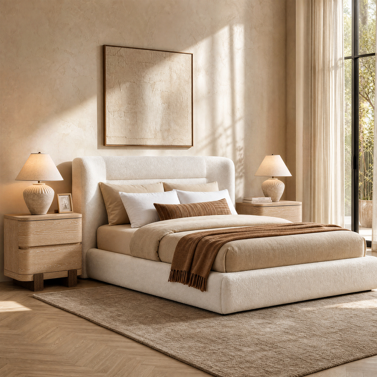 Cream upholstered bed with two nightstands in a bright bedroom