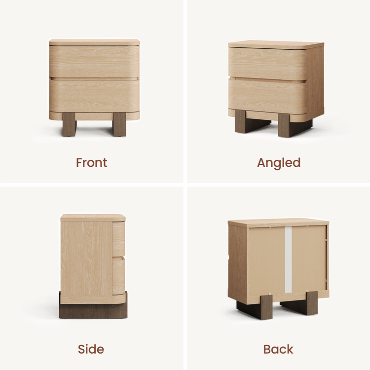Four-panel graphic shows a two-drawer cabinet from front, angled, side, and rear views
