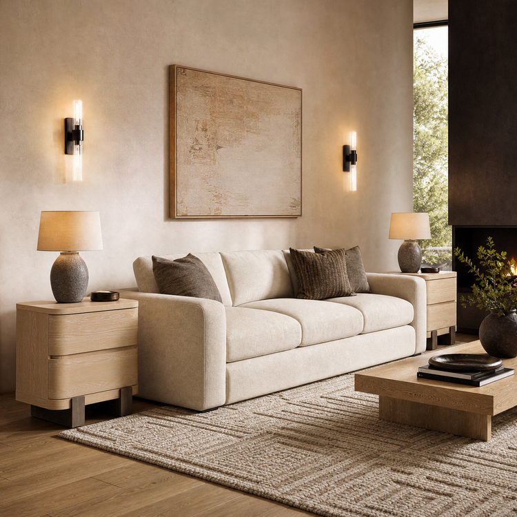 Light three-seat sofa is flanked by two rounded two-drawer cabinets in a furnished living room