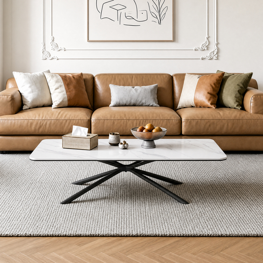 Brown three-seat sofa with assorted pillows sits behind a white veined coffee table