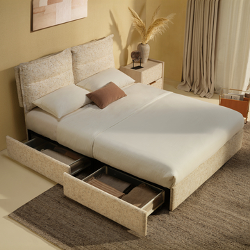 Queen Storage Bed with 4 Drawers: Freya Upholstered Frame, Sandstone Beige