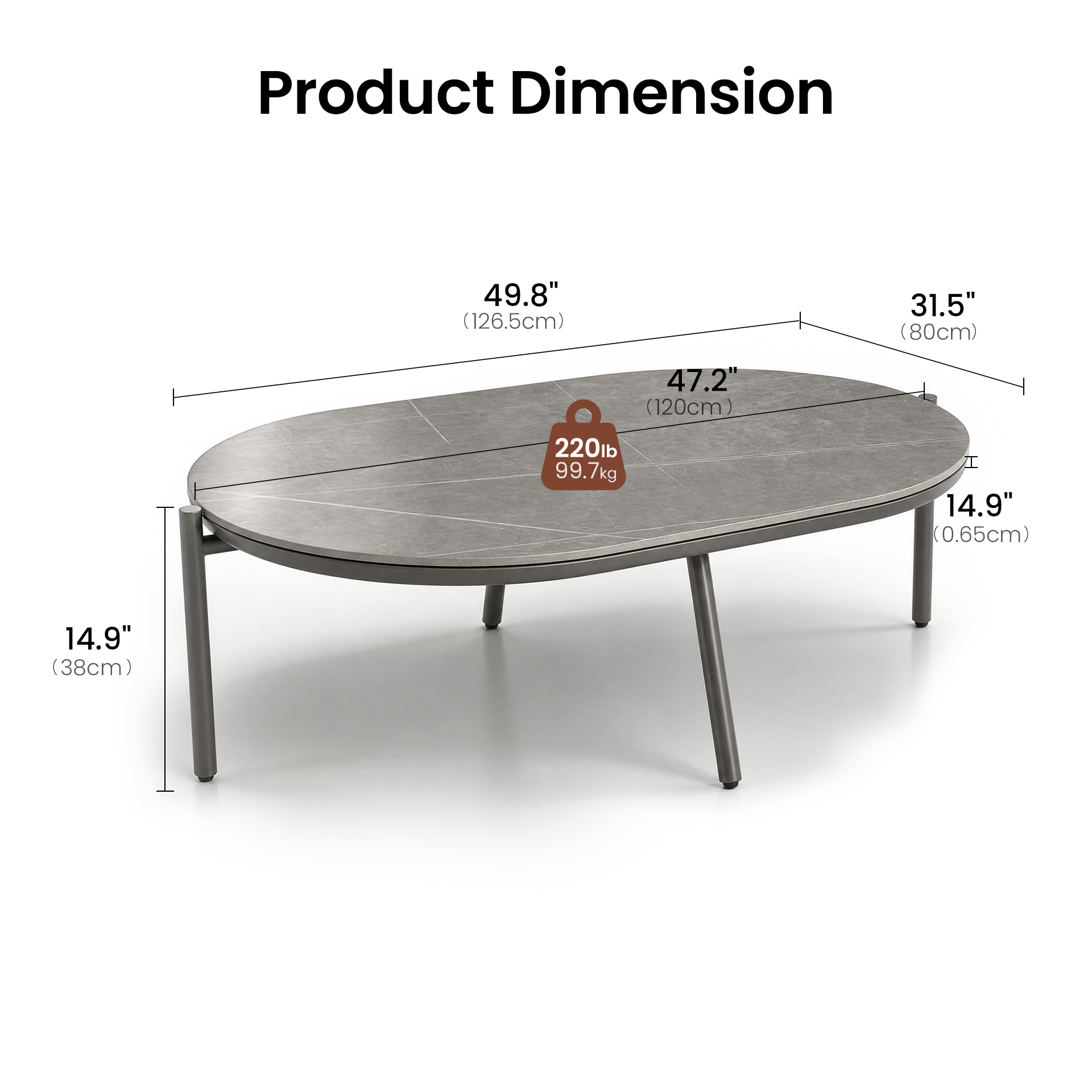 53" Outdoor Round Tube Sintered Stone Oval Coffee Table - Dimensions