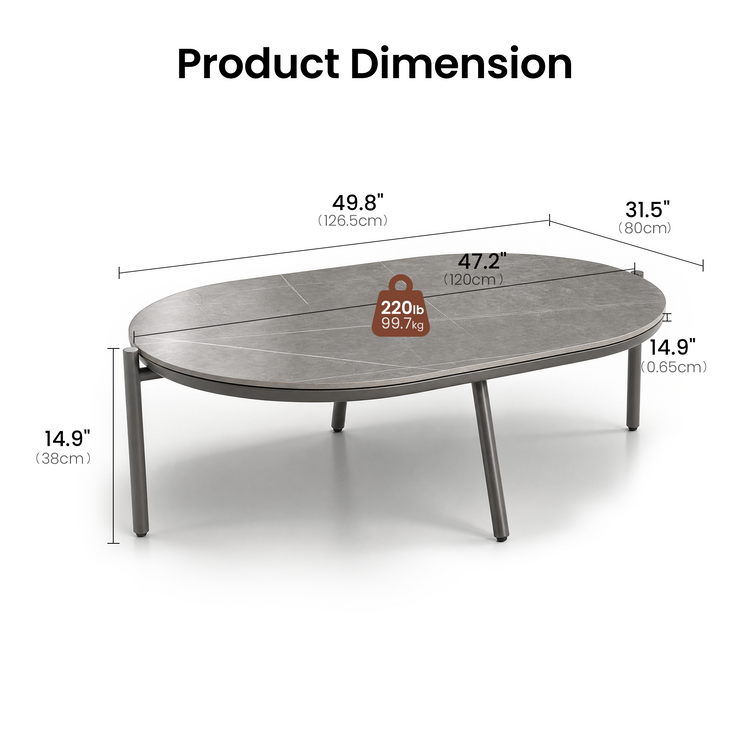 53" Outdoor Round Tube Sintered Stone Oval Coffee Table