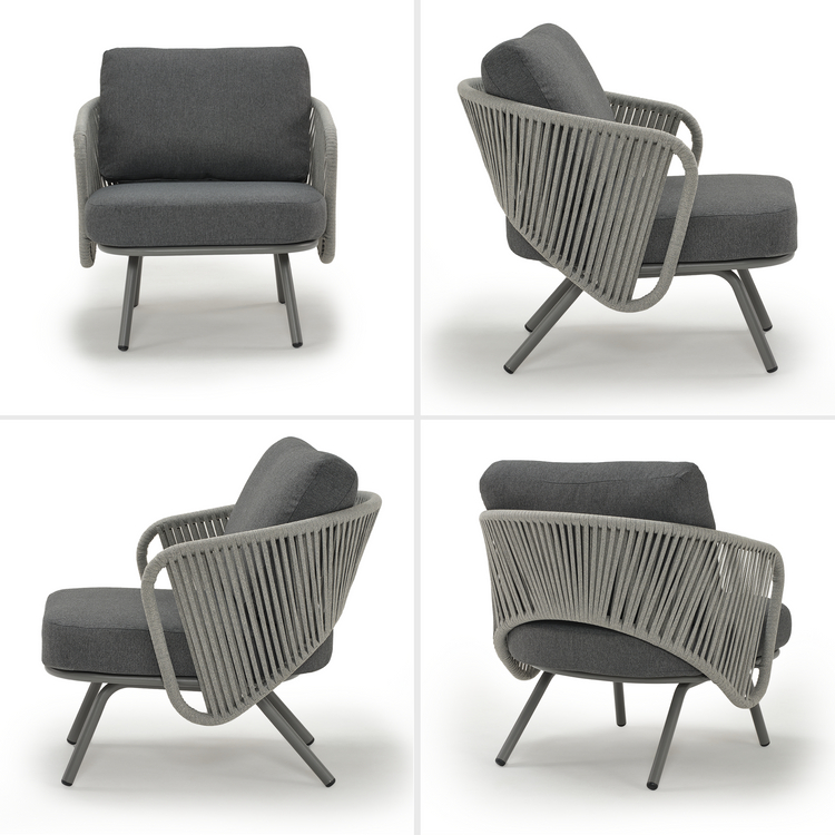 Four views show a gray cushioned armchair with a woven wraparound back and angled legs