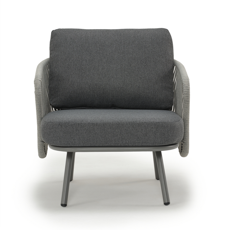 A dark gray cushioned armchair has rope-wrapped sides, angular arms, and four angled legs