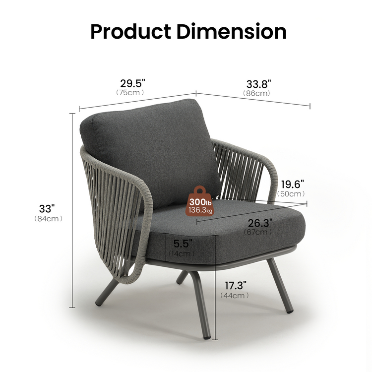 33.8" Outdoor Round Tube Woven Rope Arm Lounge Chair
