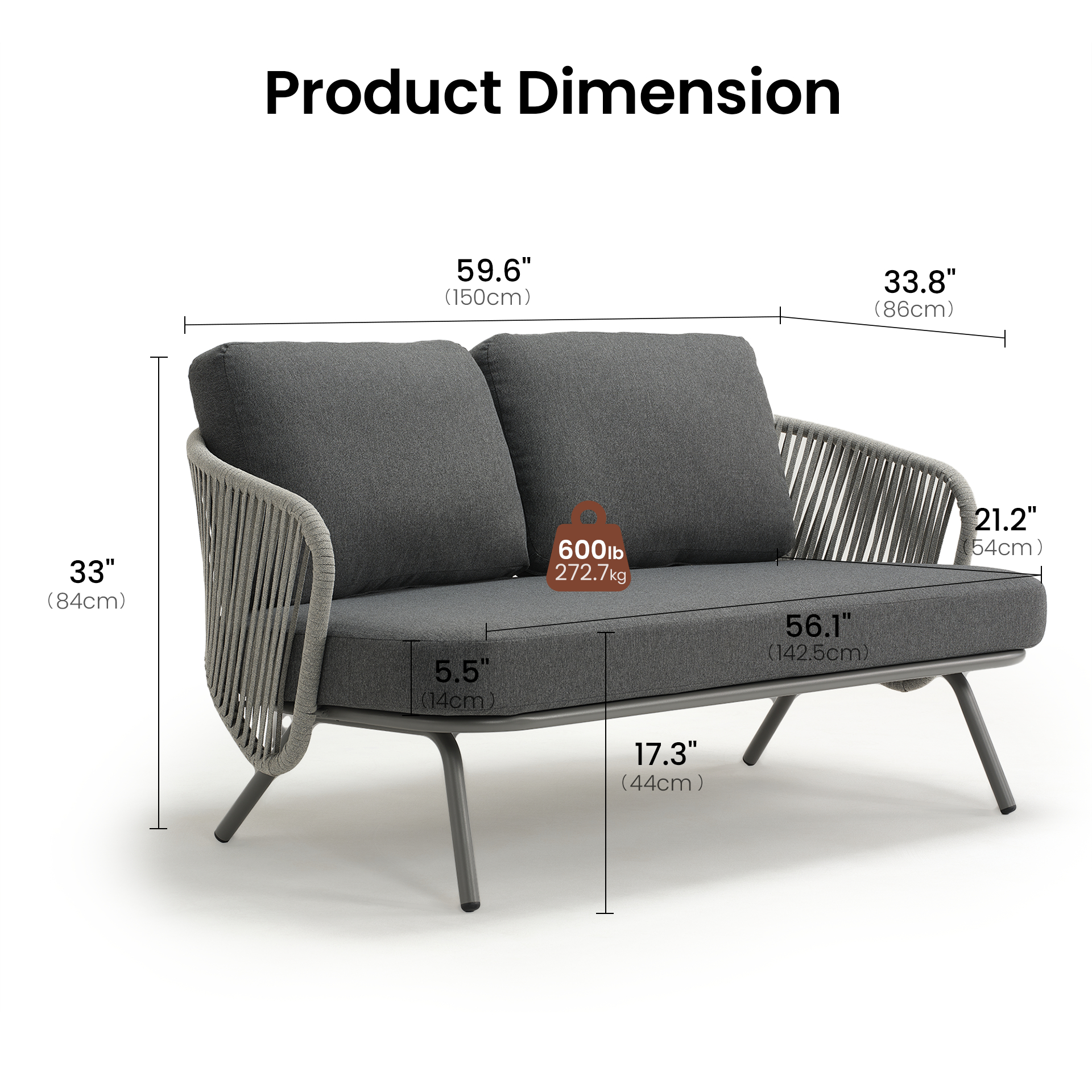 59.6" Outdoor Round Tube Woven Rope Loveseat Sofa - Dimensions