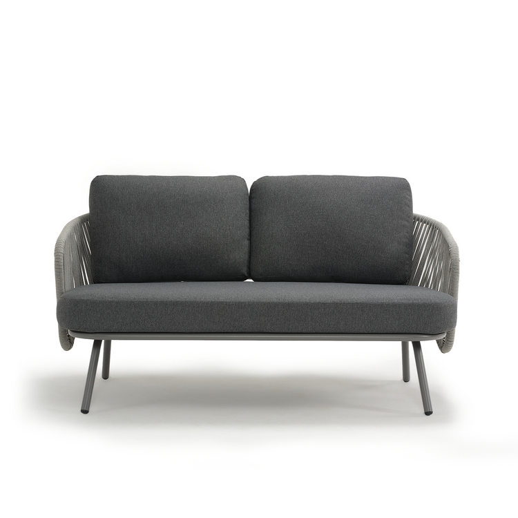 Dark two-seat sofa has two back cushions and open woven side panels