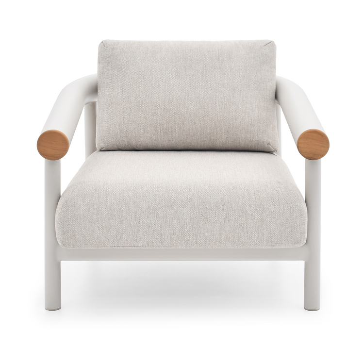 A white upholstered armchair with a squared back cushion, rounded wood arm caps, and white metal frame appears on white