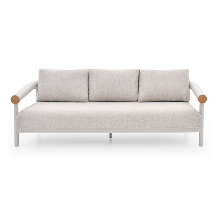 Light gray three-cushion sofa has a white rounded frame and wood-colored arm ends