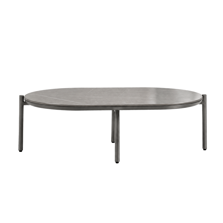 The low oval tabletop is supported by a slim dark frame and legs