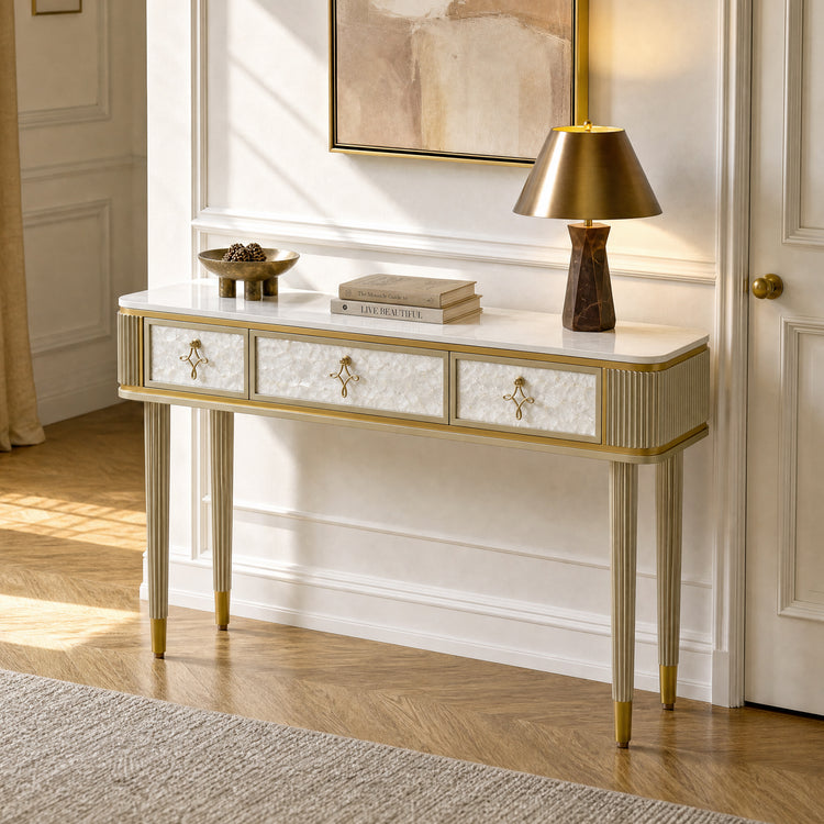 47" Shell & Pearl Inlay 3-Drawer Console Table