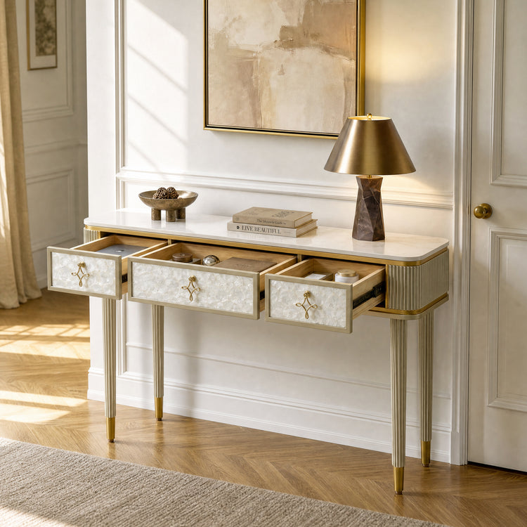 47" Shell & Pearl Inlay 3-Drawer Console Table