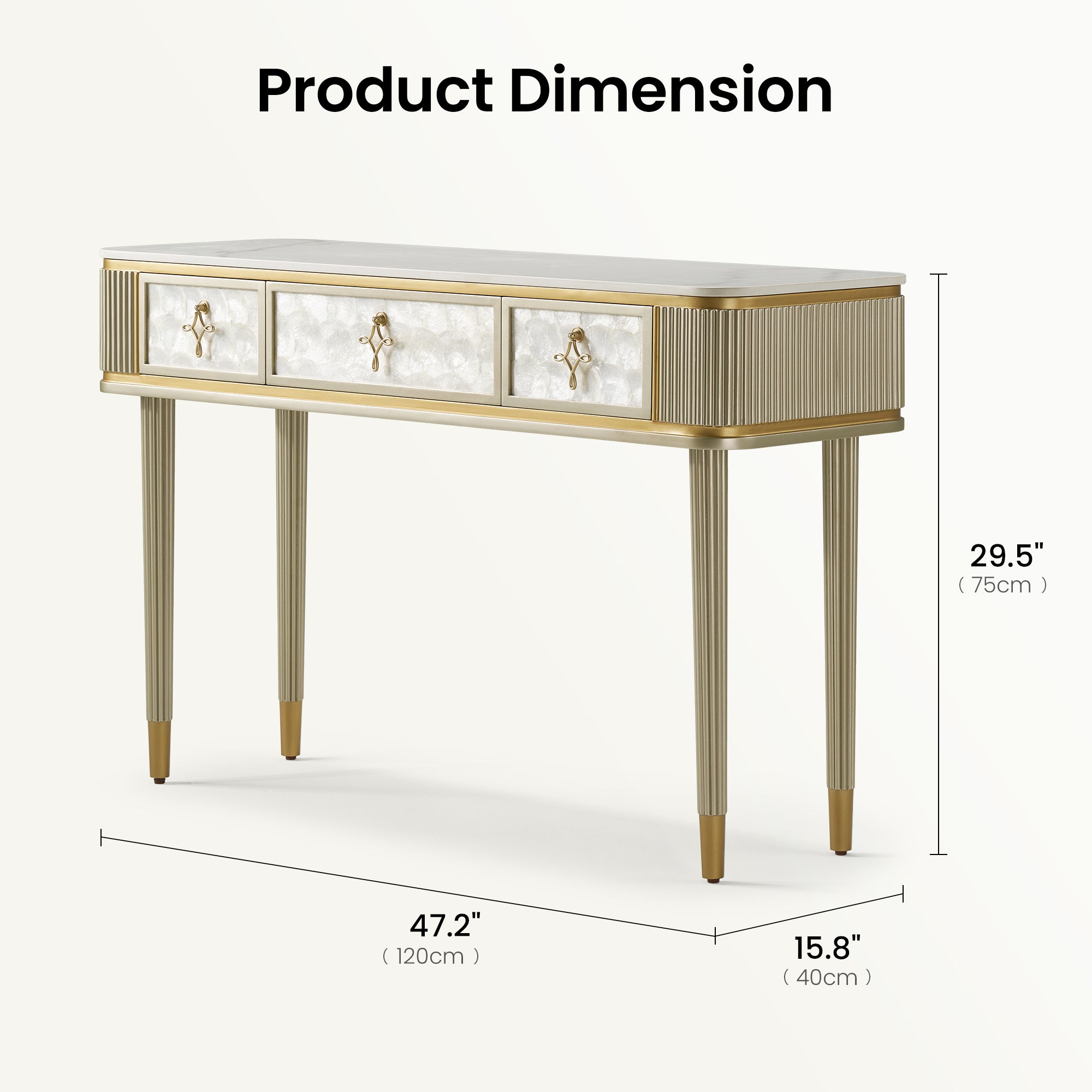 47" Shell & Pearl Inlay 3-Drawer Console Table - Dimensions