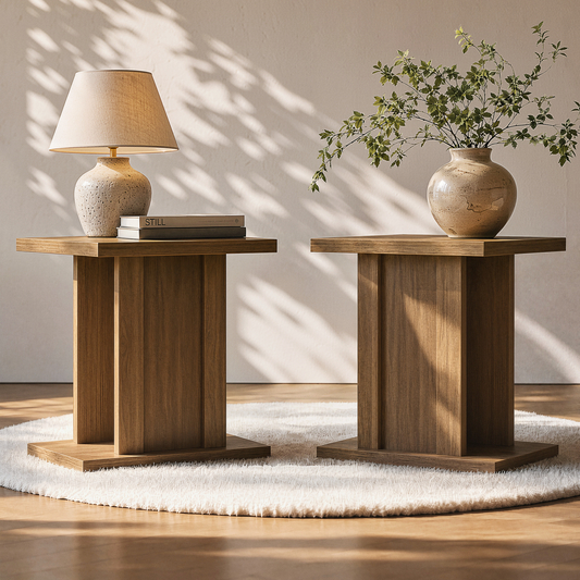 Two wood-grain pedestal tables have square tops, square bases, and vertical center panels