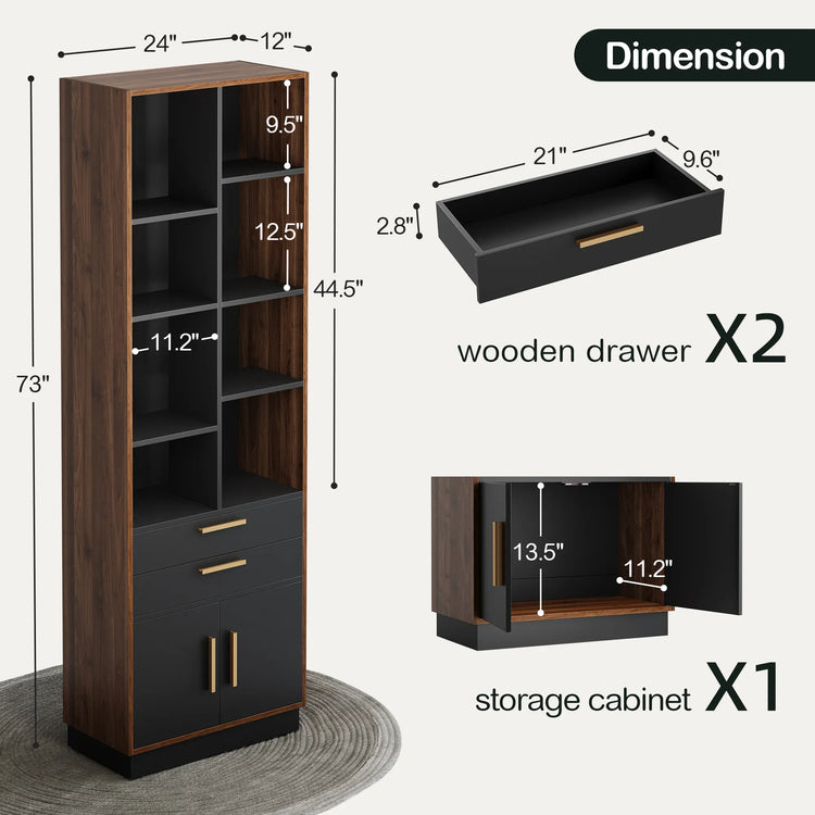 Tall narrow cabinet shown with drawer and storage dimension diagrams