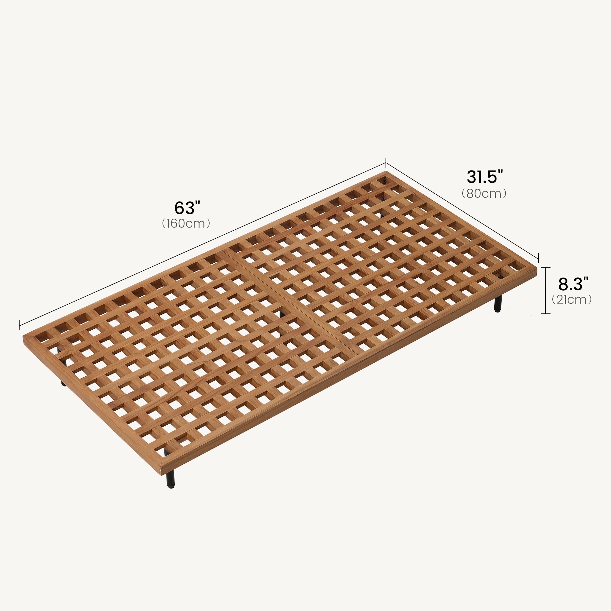 63" Outdoor Natural Solid Teak Lattice Rectangular Coffee Center Table - Dimensions