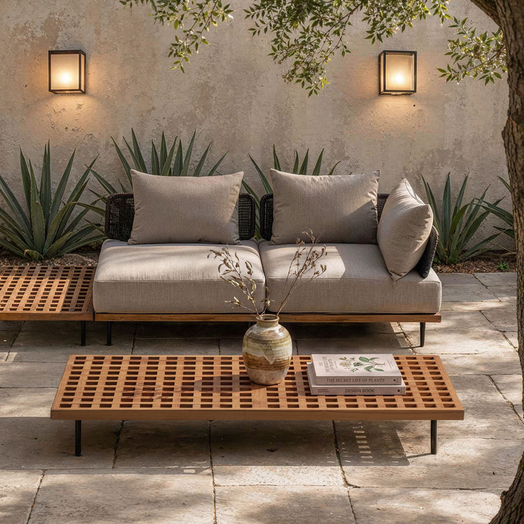 63" Outdoor Natural Solid Teak Lattice Rectangular Coffee Center Table
