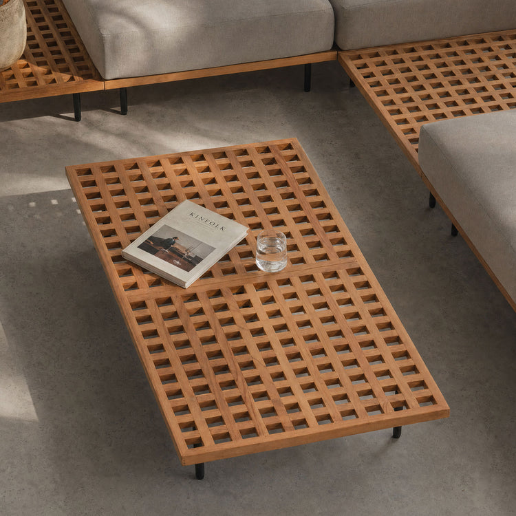 63" Outdoor Natural Solid Teak Lattice Rectangular Coffee Center Table