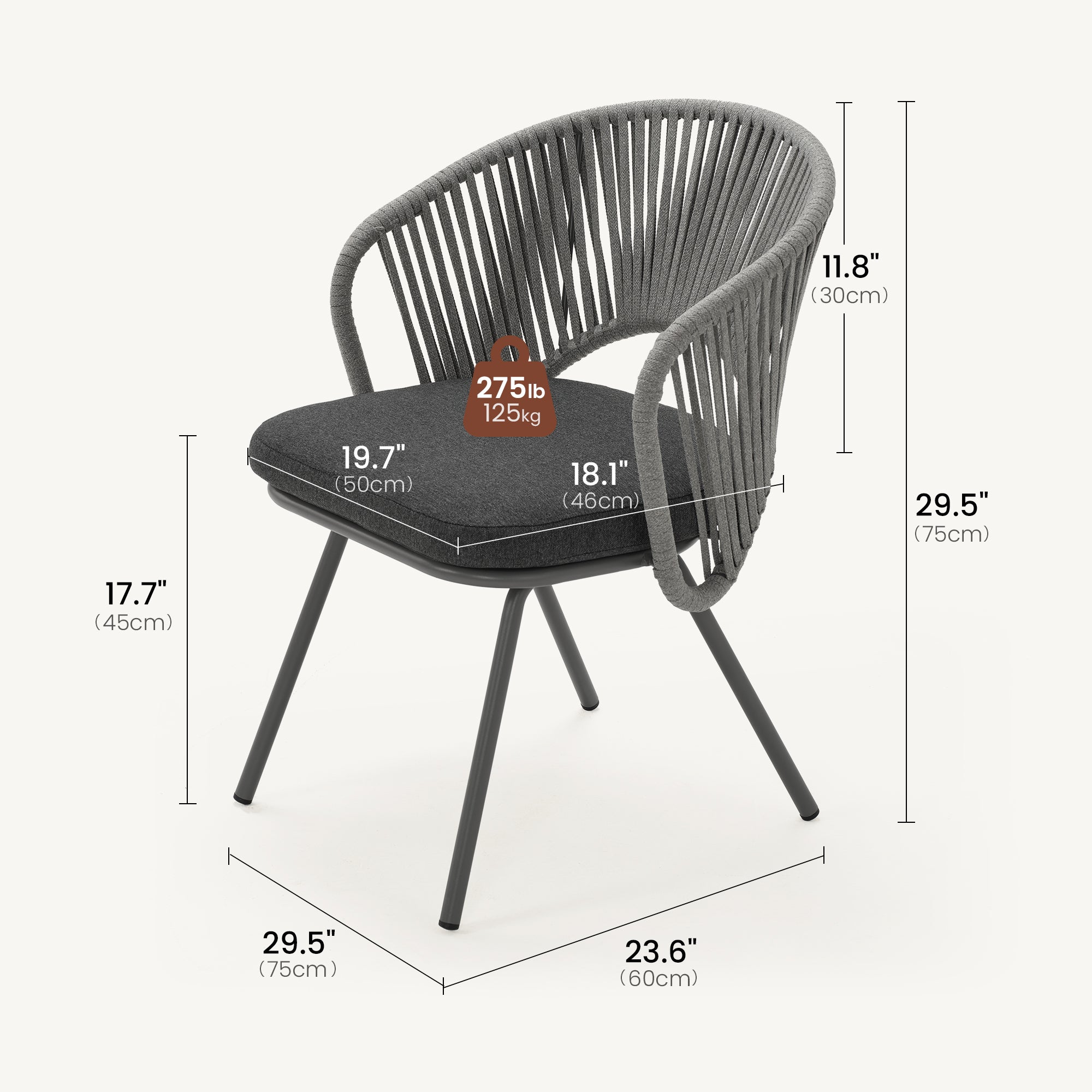 2 Pack 29.5" Thin Tube Woven Rope Outdoor Dining Chairs - Dimensions