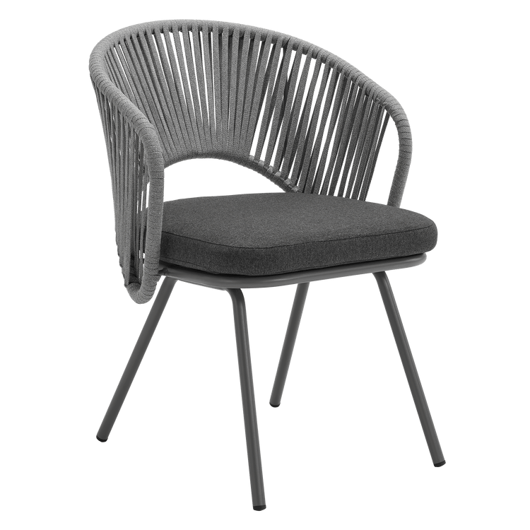 Gray woven dining chair shown on a plain background