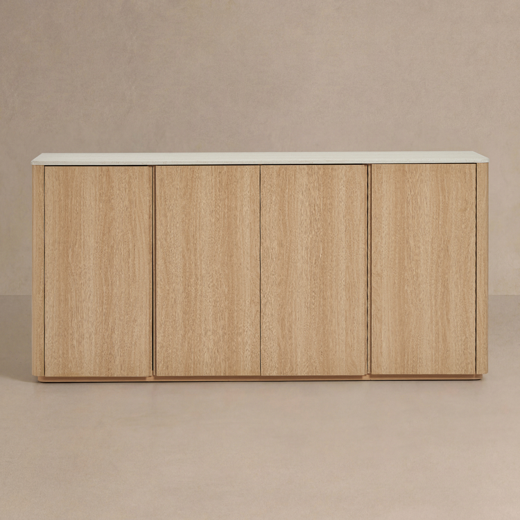 [Pre-Sale] Travertine Wood Accent Cabinet 67" 4-Door Handleless Soft-Close Sideboard