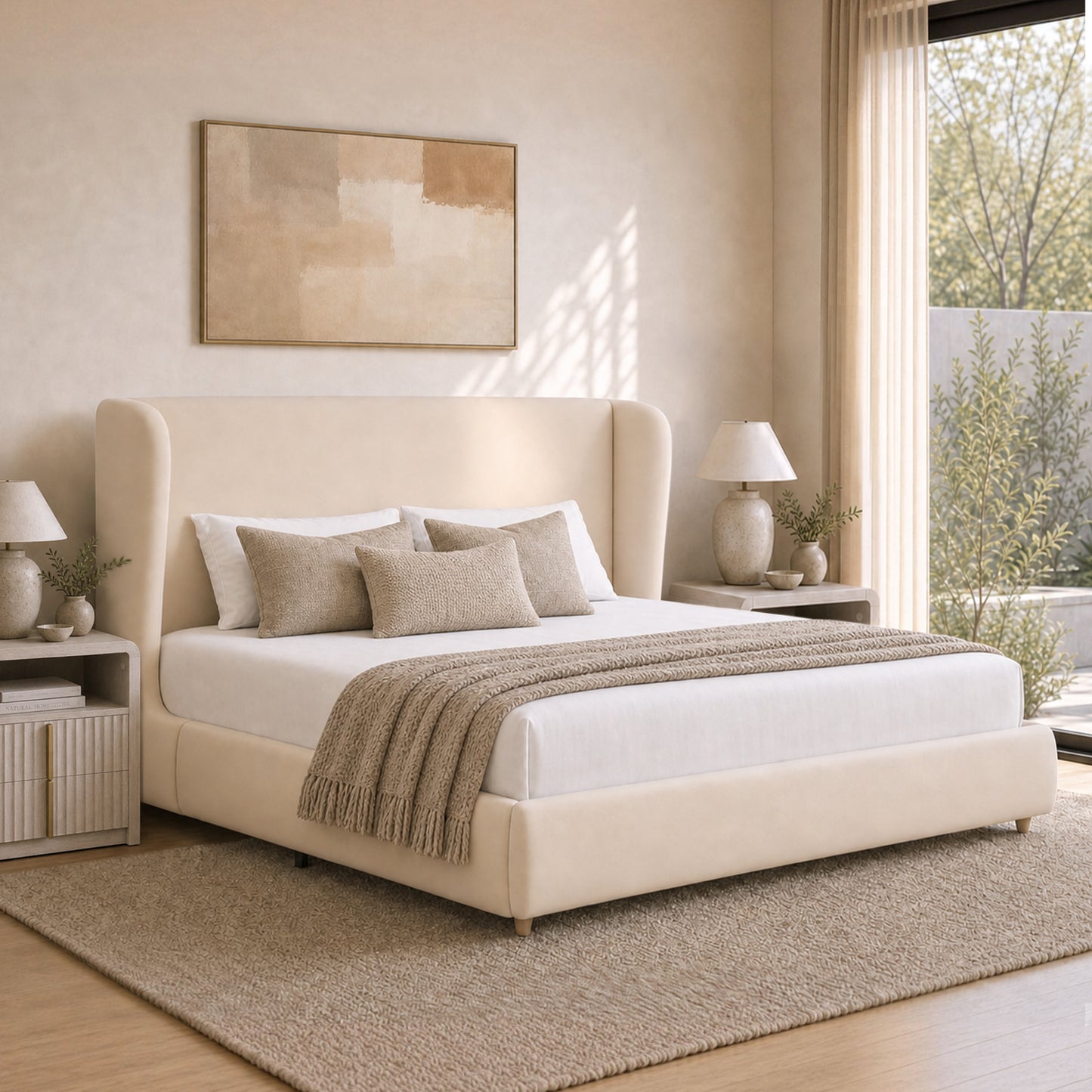 Veneeray King Suede Upholstered Wingback Bed Frame with Curved Valley Headboard
