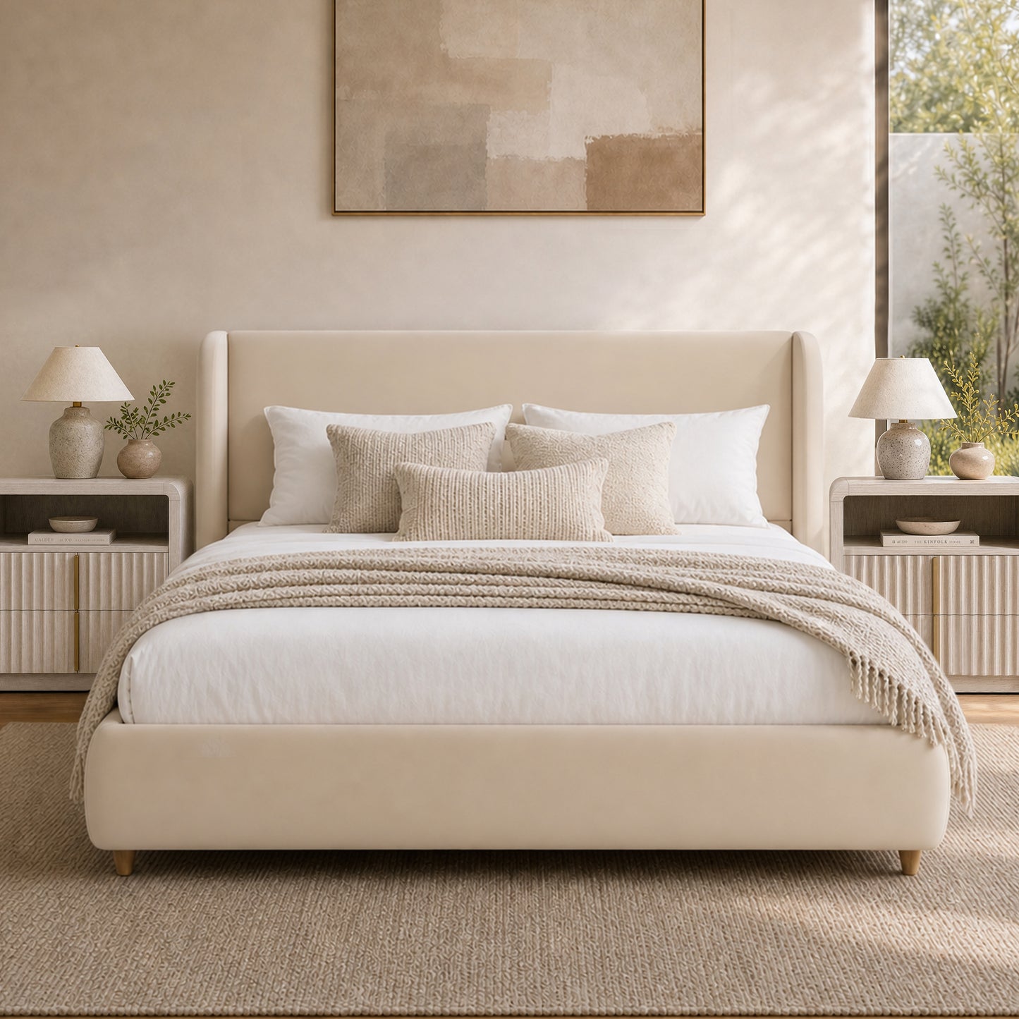 Veneeray King Suede Upholstered Wingback Bed Frame with Curved Valley Headboard
