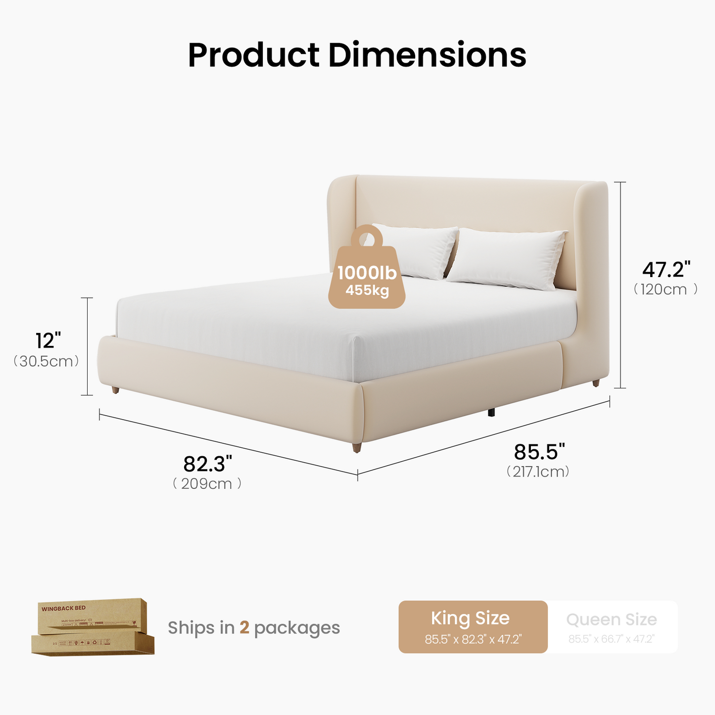 Veneeray King Suede Upholstered Wingback Bed Frame with Curved Valley Headboard