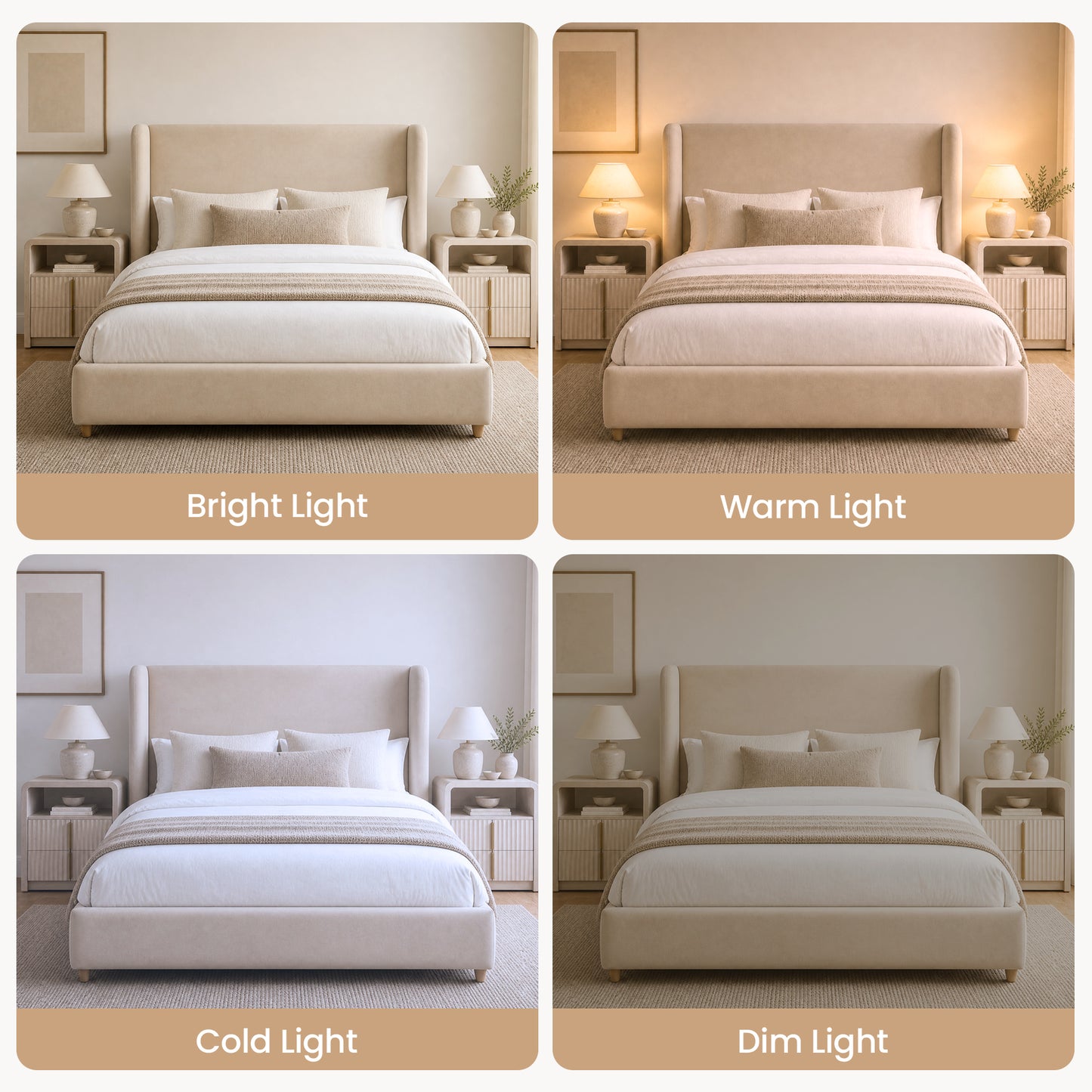 Four panels show the same cream bed and matching nightstands under labeled lighting conditions