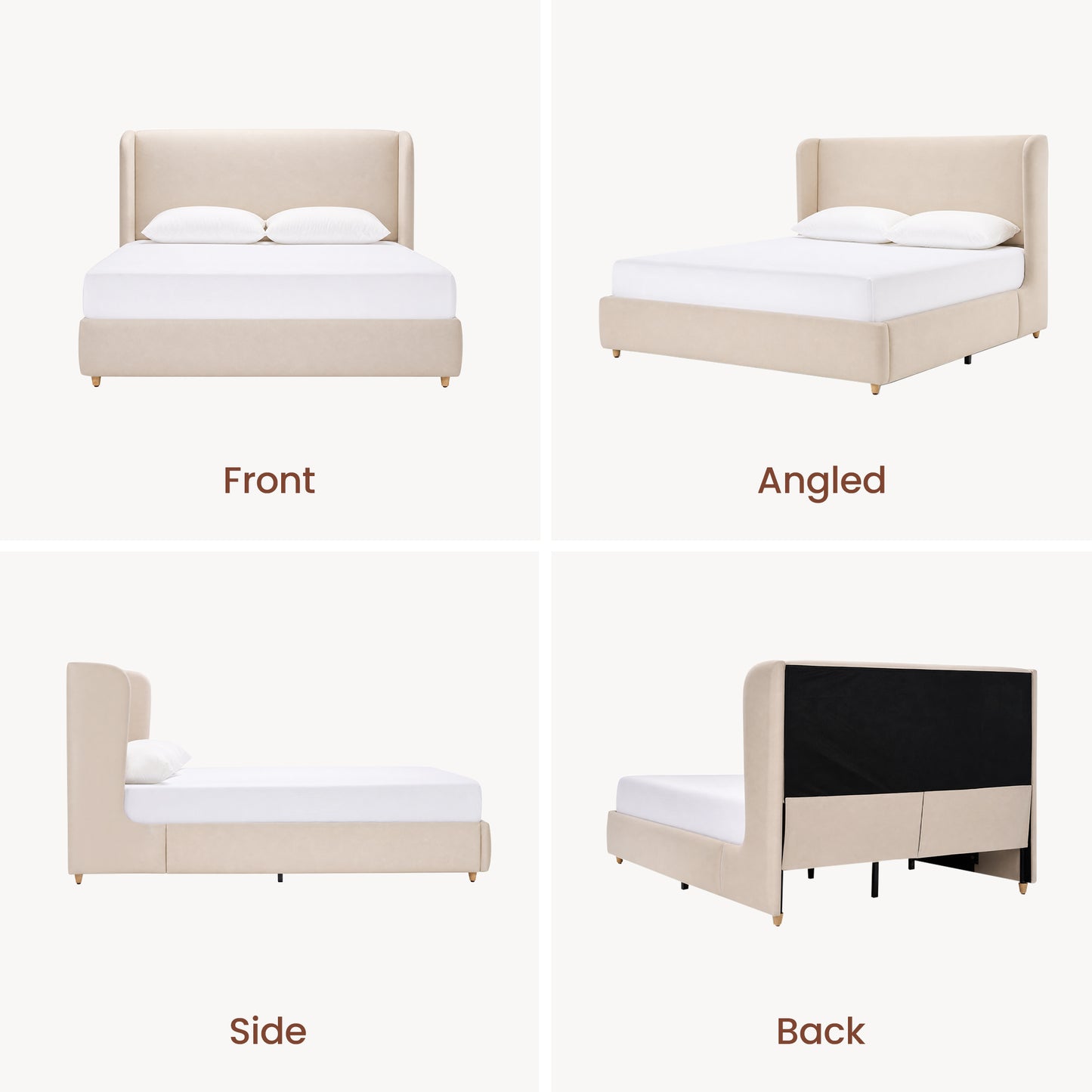 Four views show a beige upholstered bed with a tall winged headboard