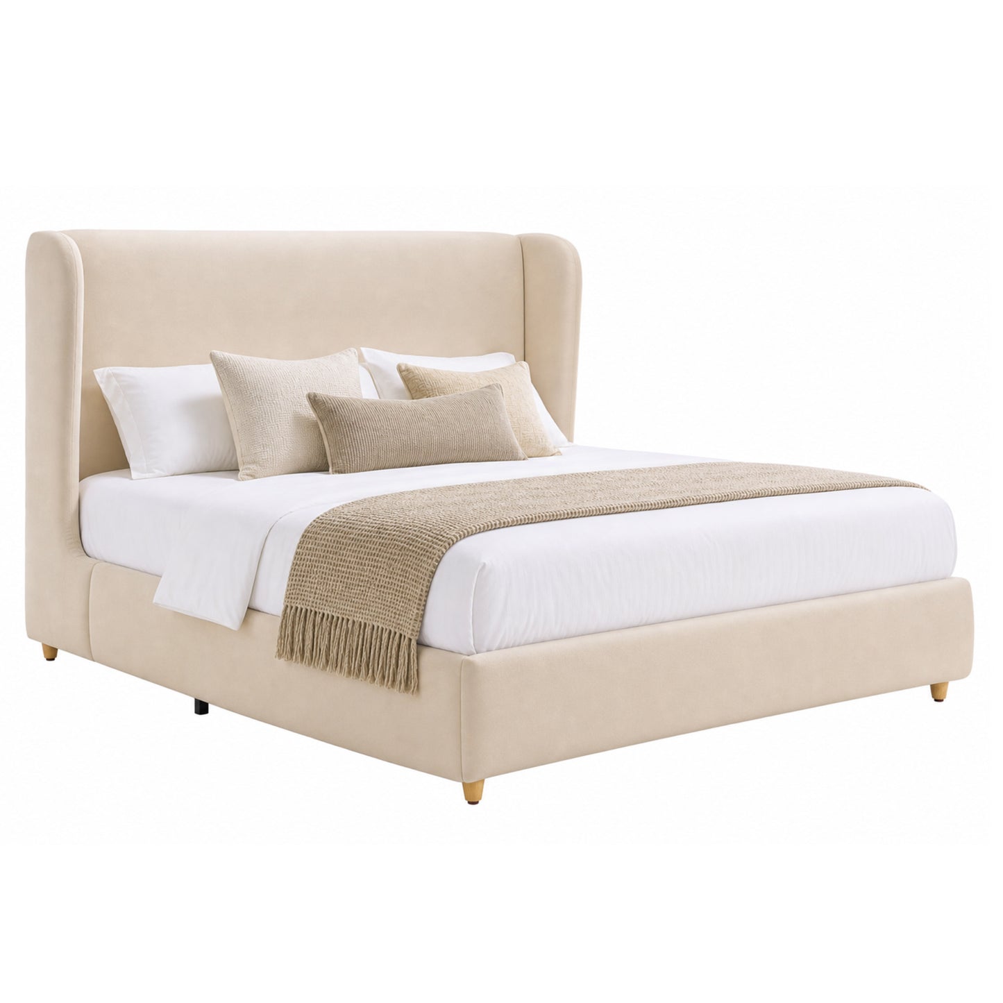 Veneeray Queen Suede Upholstered Wingback Bed Frame with Curved Valley Headboard