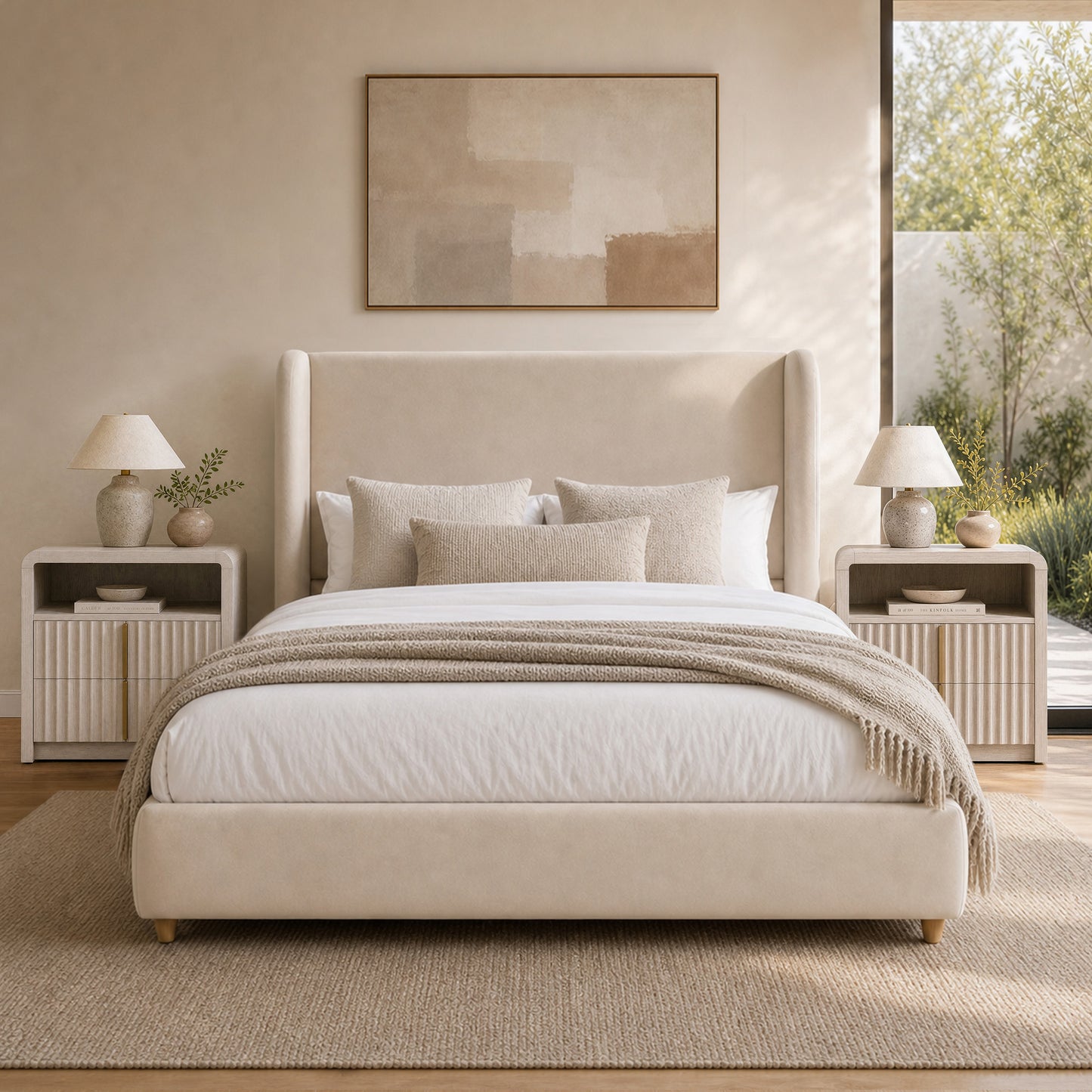 Veneeray Queen Suede Upholstered Wingback Bed Frame with Curved Valley Headboard