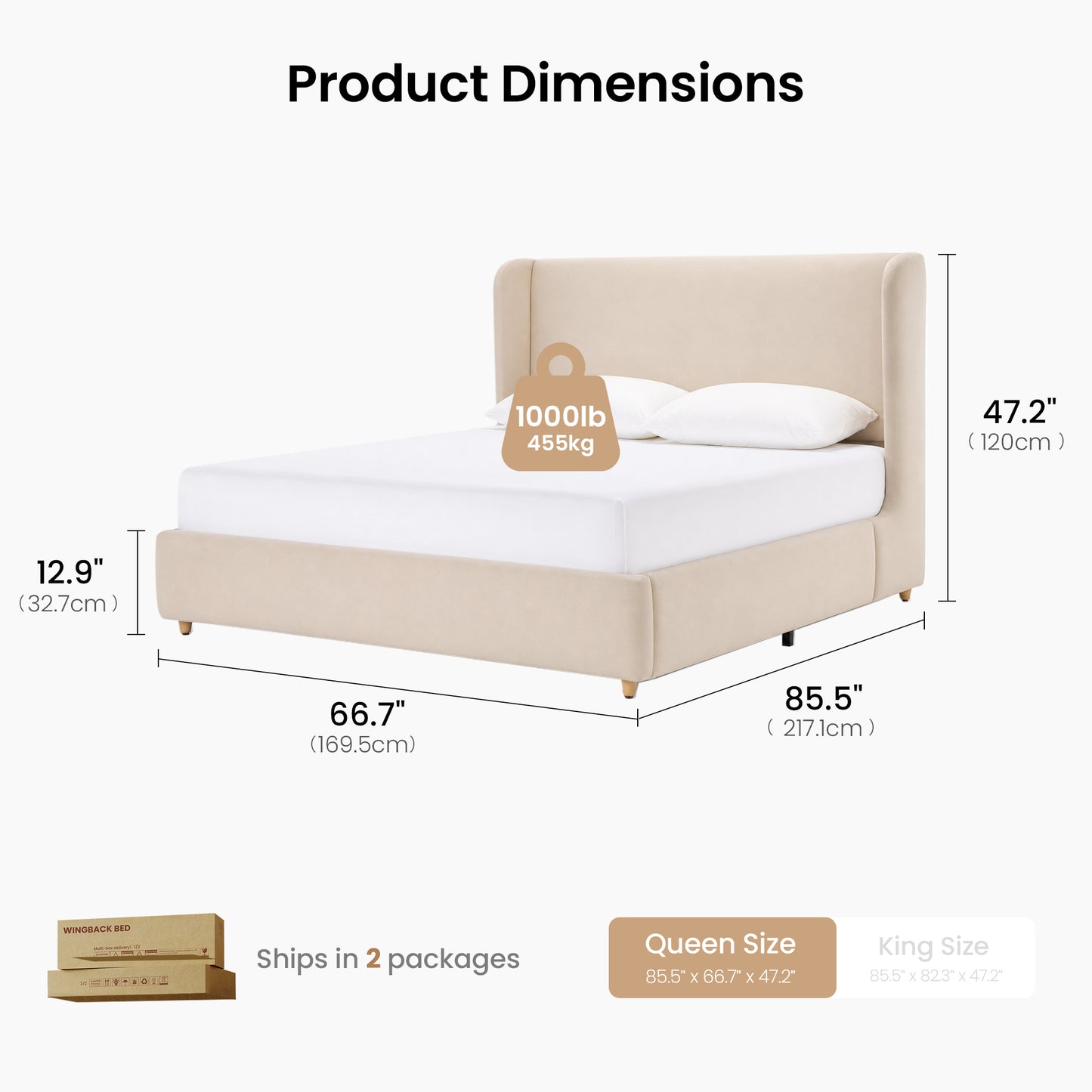 Veneeray Queen Suede Upholstered Wingback Bed Frame with Curved Valley Headboard