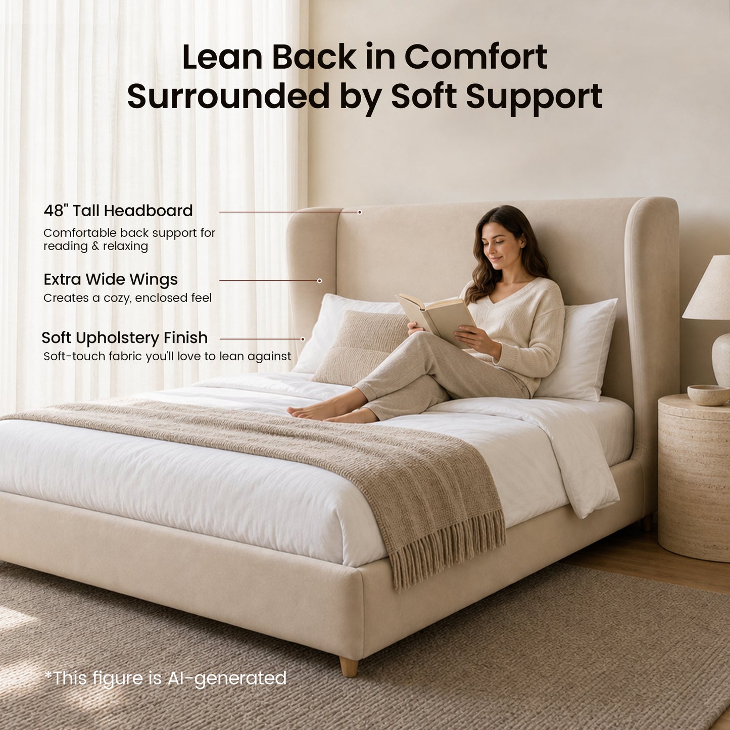 Veneeray King Suede Upholstered Wingback Bed Frame with Curved Valley Headboard